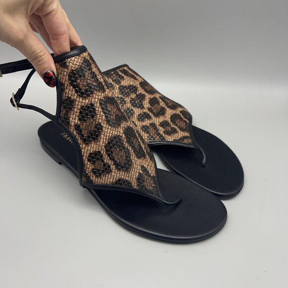 Tamara Mellon Sandals Womens Size 39.5 Black Leopard Thong T-Strap Leather Italy